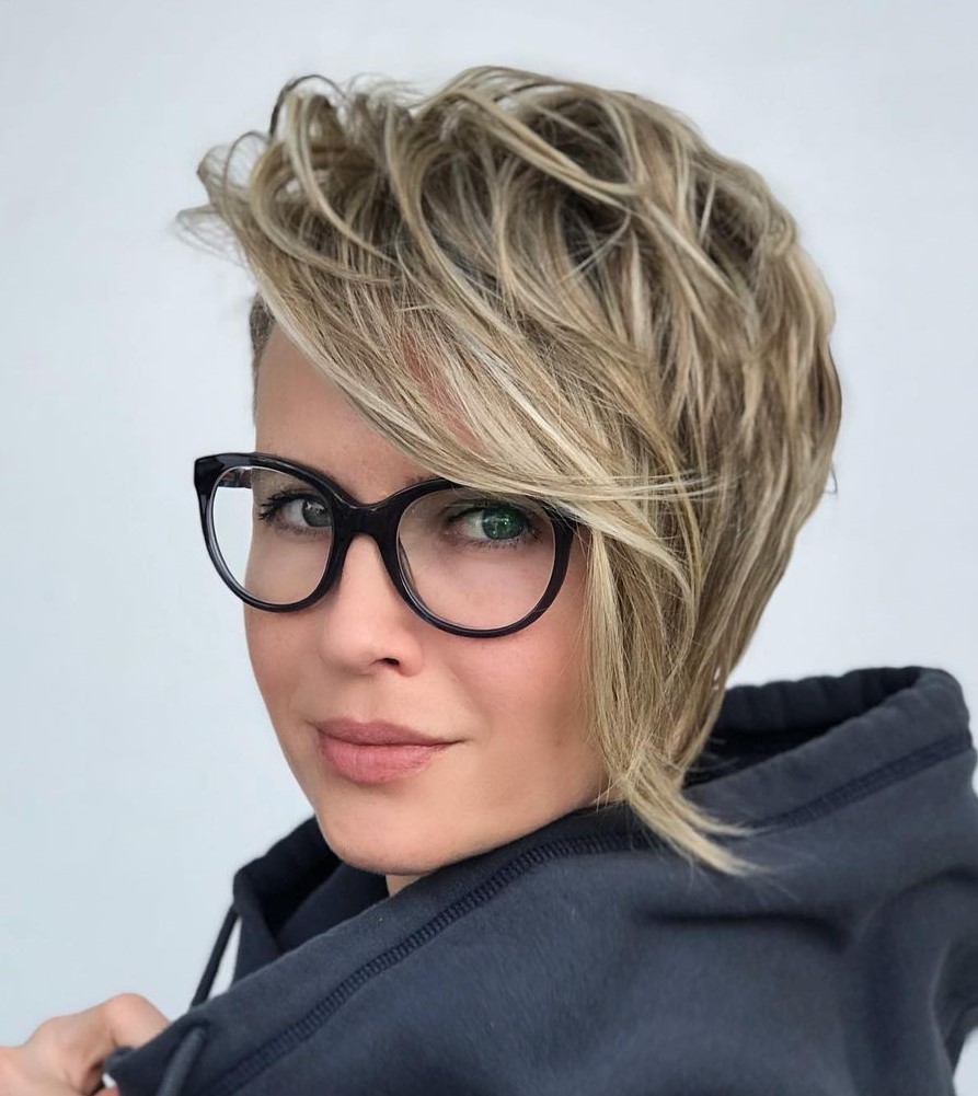 Side Swept Long Layered Pixie with Statement Glasses
