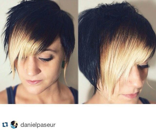 short angled haircut with highlighted bangs