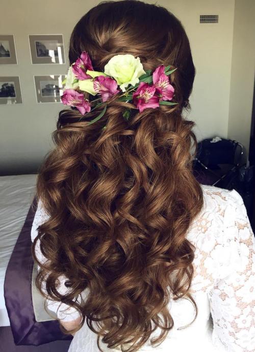 Curly Wedding Half Updo With Flowers