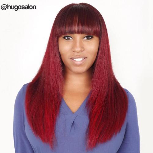 Long Burgundy Hair With Blunt Cut Bangs