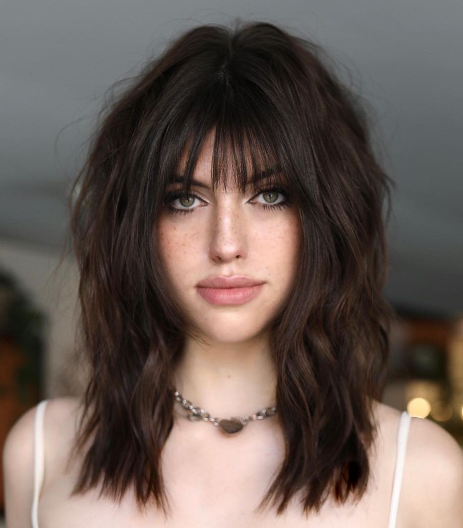 Low Maintenance Medium Length Cut with Bangs for Thick Hair