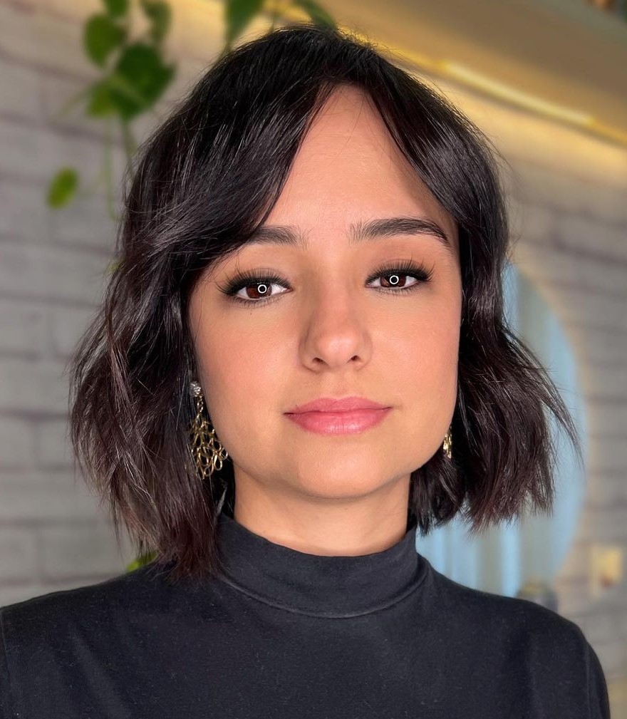 Glossy Brunette Bob with Curtain Bangs
