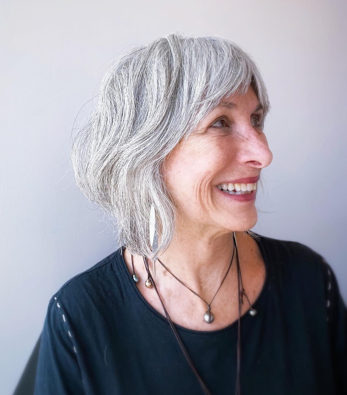 Shaggy Bright Silver Lob with Bangs