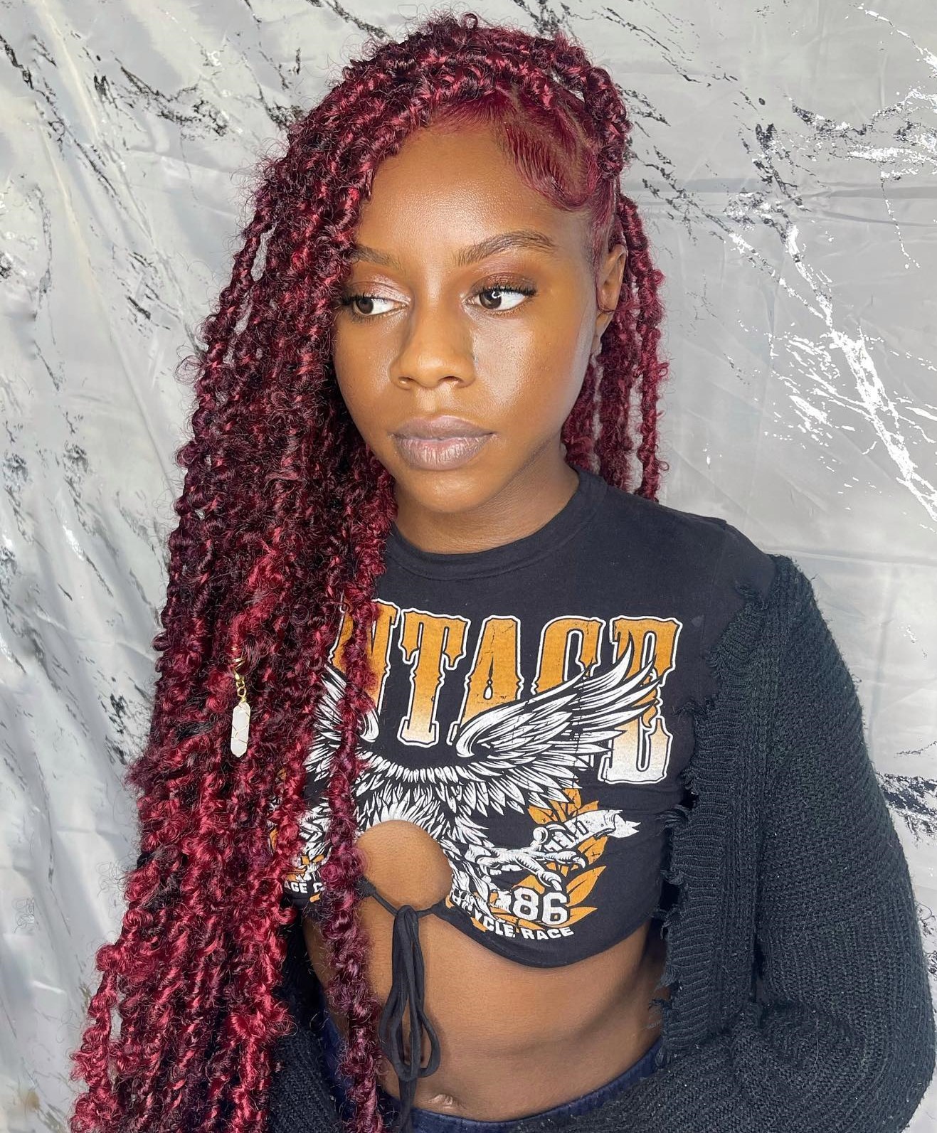 Long Butterfly Locs in Dimensional Burgundy Color