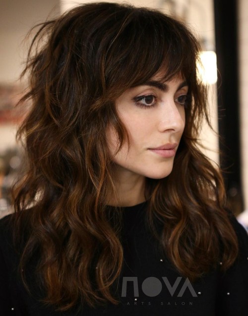 Long Brunette Shag With Bangs