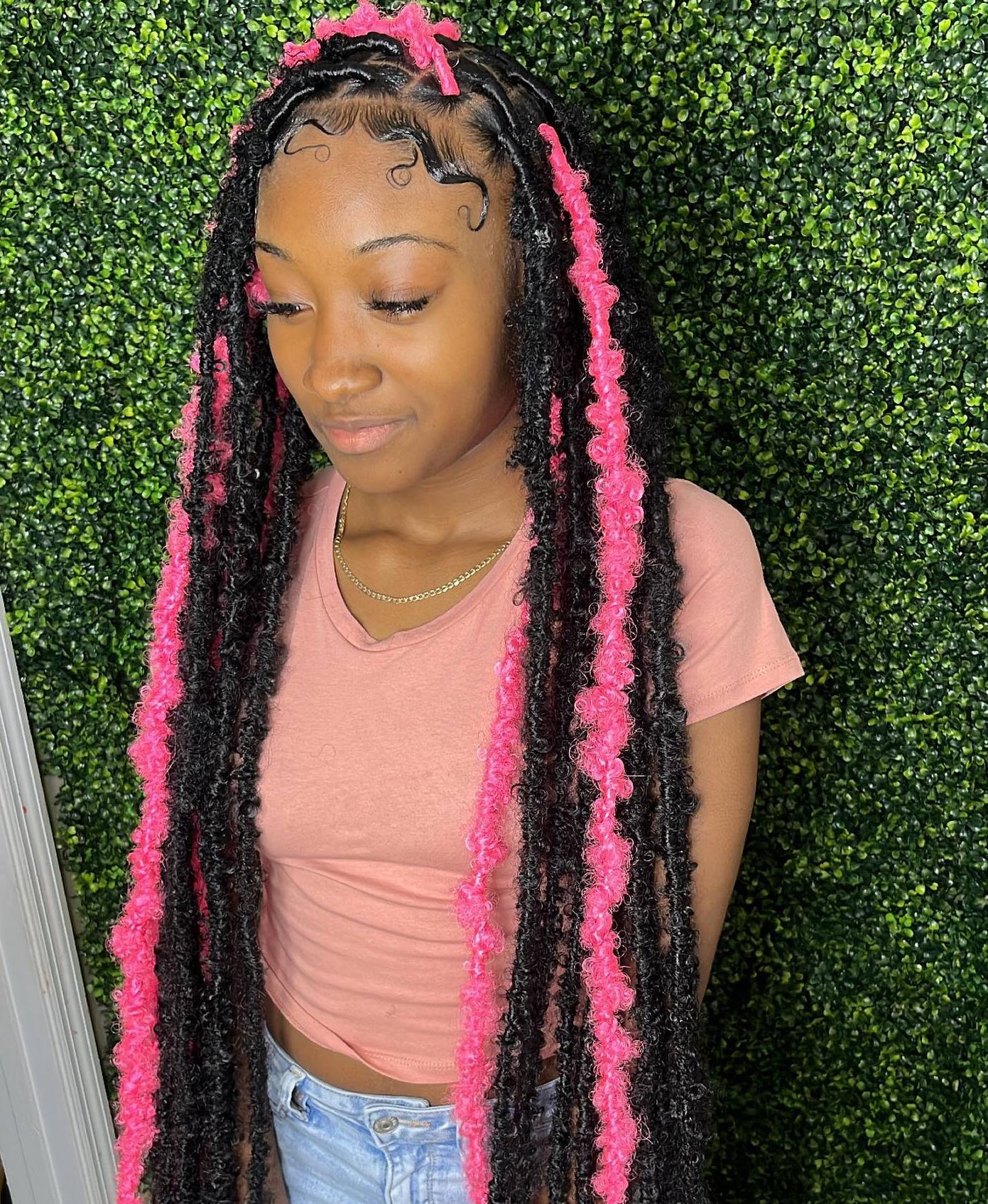 Black Butterfly Locs with Pink Feature Braids