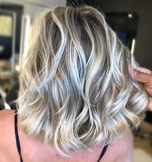 Ash Brown Wavy Lob With Blonde Highlights