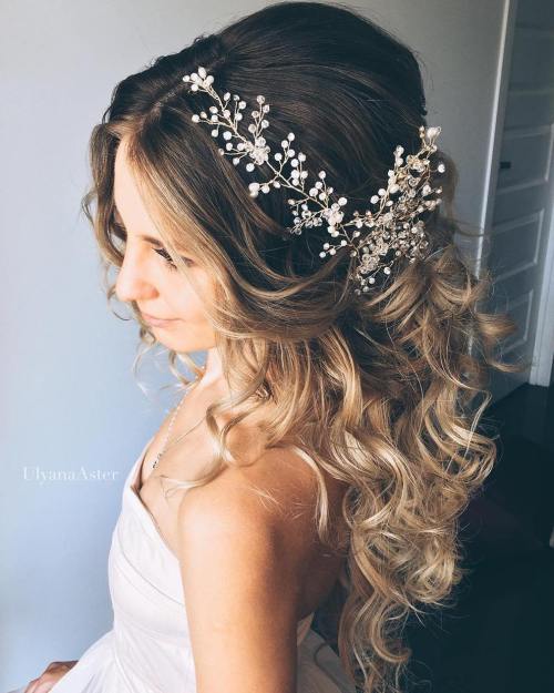 Long Curly Half Updo For Brides