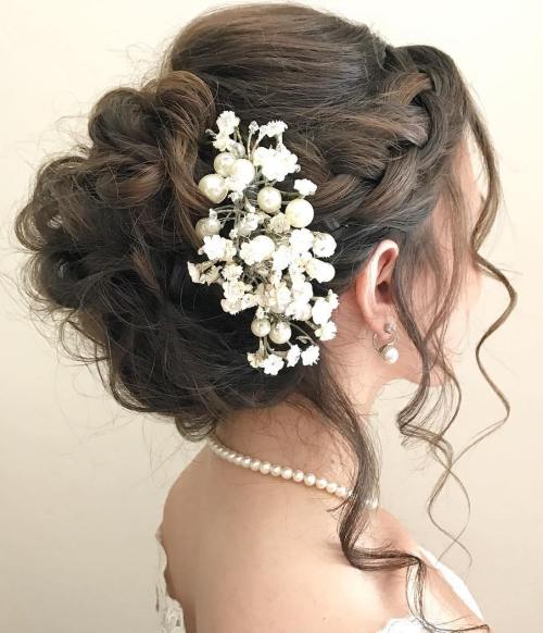 Curly Messy Updo With A Side Braid