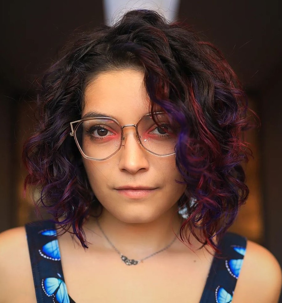 Purple and Red Highlights in Short Dark Curly Hair
