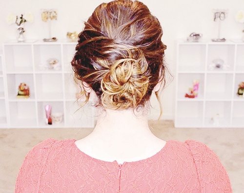 casual messy bun updo for long hair