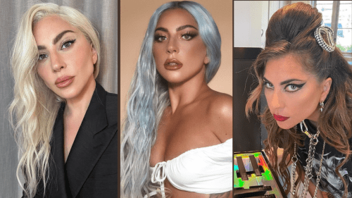 Collage of Lady Gaga with Long Blonde Locks, Long Pastel Blue, and Brunette Auburn Hair
