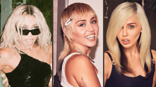 Collage of Miley Cyrus with Bleached Blonde Curls, Mullet, and Blonde Straight Hairstyle with Dark Brown Strands