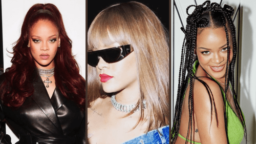 Collage of Rihanna With Red Hair, Blonde Hair and Black Braids